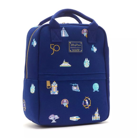 Disney 50th WDW Canvas Loungefly Backpack Epcot Ball Disney Park Icons - Picture 1 of 6